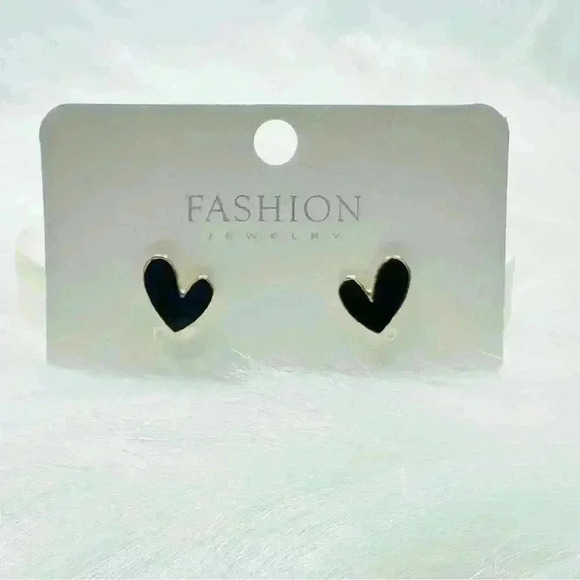 Cute Dainty Heart Stud Earrings in Black - Picture 1 of 5